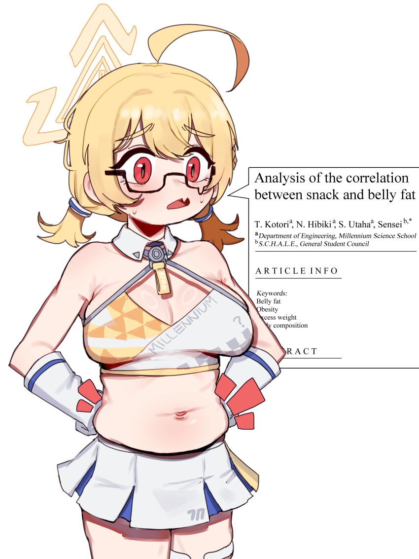 1girl absurdres ahoge belly blonde_hair blue_archive braid breasts cheerleader cleavage fang glasses halo hands_on_own_hips highres kotori_(blue_archive) kotori_(cheer_squad)_(blue_archive) large_breasts low_twin_braids lulubelleiii medium_breasts medium_hair millennium_cheerleader_outfit_(blue_archive) muffin_top navel pleated_skirt plump pom_pom_(cheerleading) red_eyes simple_background skin_fang skirt twin_braids white_background