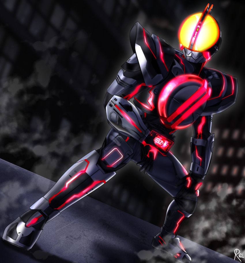 1boy absurdres armor armored_bodysuit belt black_armor bodysuit broad_shoulders chest_armor rider_belt faiz_driver full_body glowing glowing_eyes glowing_lines helmet highres kamen_rider kamen_rider_555 kamen_rider_555:_paradise_regained kamen_rider_faiz kamen_rider_next_faiz male_focus power_armor reiei_8 rider_belt shoulder_armor solo squatting tokusatsu yellow_eyes