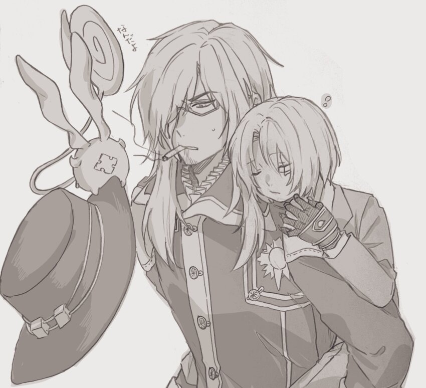 1other 2boys allen_walker black_coat black_order_uniform carrying carrying_person child cigarette closed_eyes coat collared_coat colored_extremities creature cross cross_marian d.gray-man facial_hair facial_mark formal_clothes glasses golem_(d.gray-man) grey_background greyscale hair_between_eyes hair_over_one_eye hand_on_another&#039;s_shoulder hand_on_another&#039;s_thigh hat highres holding holding_unworn_clothes holding_unworn_hat long_hair looking_down mature_male monochrome multiple_boys one_eye_covered pants piggyback richiumu scar scar_on_face shirt short_hair sidelocks simple_background sleeping smoke smoking striped_coat suit sweat sweatdrop tail timcanpy unworn_hat unworn_headwear vertical-striped_coat white_shirt white_stripes wings