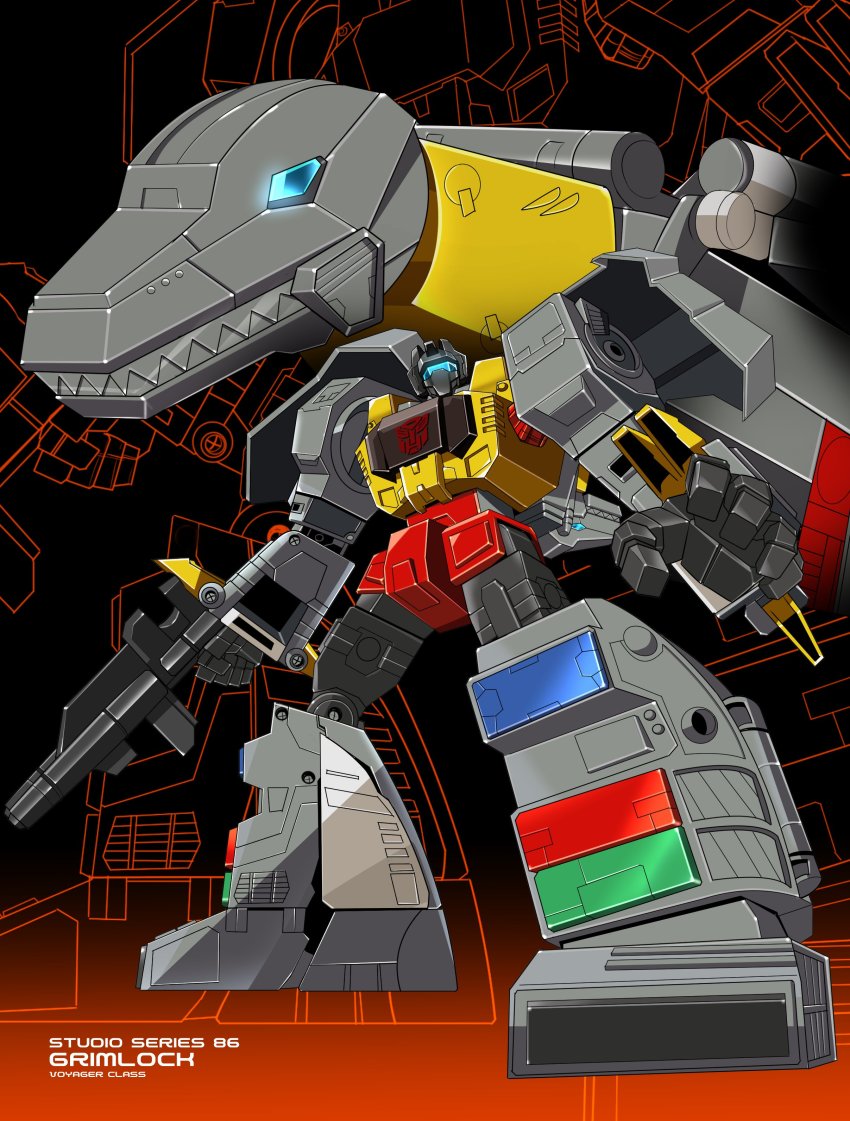 absurdres altronage autobot black_background blue_eyes character_name commentary english_commentary glowing glowing_eye grimlock gun highres holding holding_gun holding_weapon looking_up mecha mecha_focus multiple_forms open_hand photo-referenced robot science_fiction transformers visor weapon