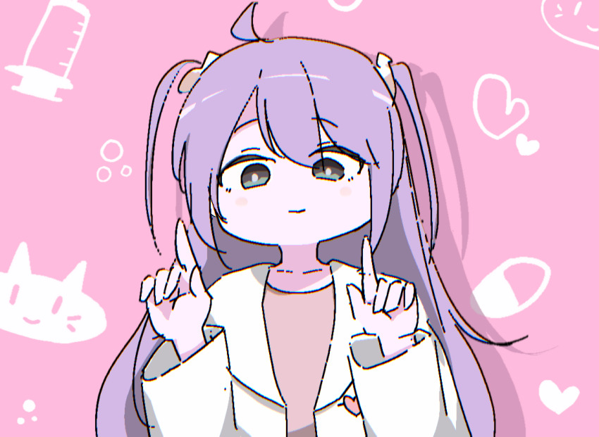 1girl ahoge baksangmin blush_stickers bright_pupils bubble cat closed_mouth collarbone grey_eyes heart index_finger_raised jaggy_lines lab_coat long_hair looking_at_viewer nemuri-chan official_style okusuri_nonde_neyou_(vocaloid) patterned_background pill pink_background pink_shirt purple_hair shirt smile solo syringe two_side_up upper_body vocaloid white_pupils wide_sleeves