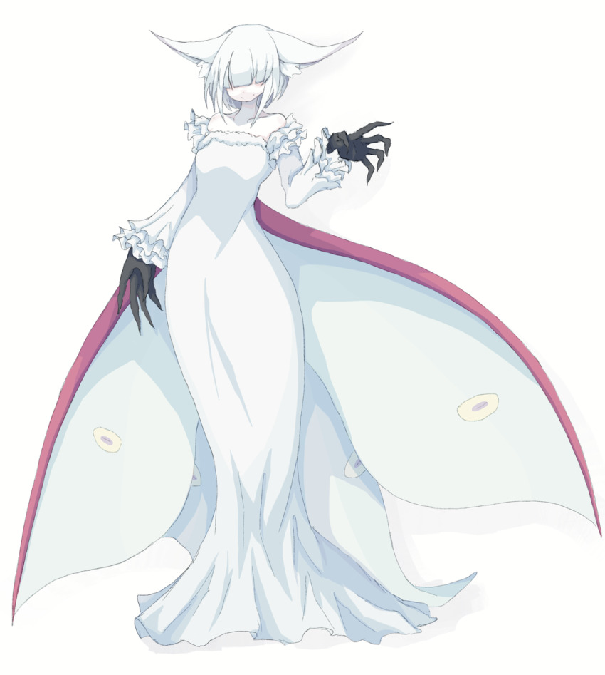 1girl 4138 animal_ear_fluff animal_ears arthropod_girl black_gloves breasts closed_mouth collarbone covered_eyes detached_sleeves dress frilled_sleeves frills full_body gloves hair_over_eyes highres insect_girl insect_wings long_dress long_sleeves moth_girl moth_wings original simple_background smile solo standing strapless strapless_dress white_background white_dress white_hair white_sleeves wings