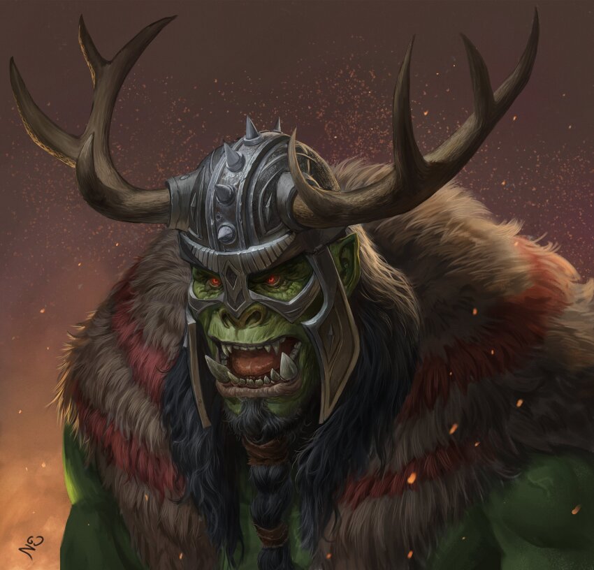 1boy beard black_hair cape colored_skin facial_hair fake_horns fur_cape green_skin helmet highres horned_helmet horns open_mouth orc original red_eyes solo tusks upper_body uzzzyzzzu