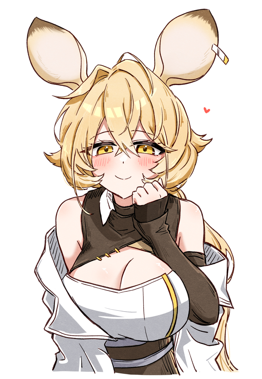 1girl absurdres animal_ears arknights bare_shoulders blonde_hair blush breasts cleavage closed_mouth cropped_torso crossed_bangs dorothy_(arknights) hair_between_eyes hand_on_own_face heart highres large_breasts long_hair looking_at_viewer maiq06 one-hour_drawing_challenge simple_background smile solo white_background yellow_eyes