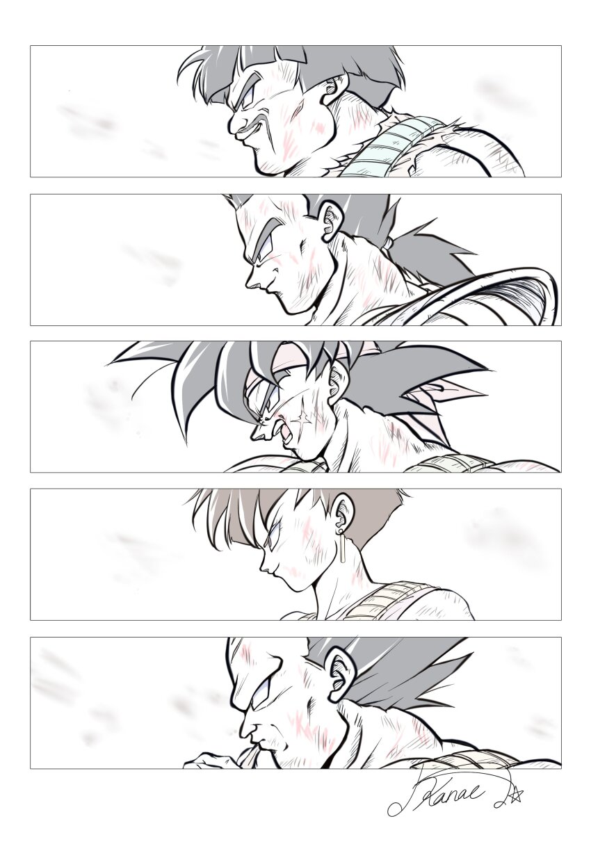 1girl absurdres armor bardock black_eyes black_hair dragon_ball dragonball_z facial_scar headband highres kakikakilemon monochrome multiple_boys muscular muscular_male open_mouth panbukin_(dragon_ball) saiyan saiyan_armor scar scar_on_cheek scar_on_face seripa short_hair simple_background smile spiked_hair toma_(dragon_ball) toteppo