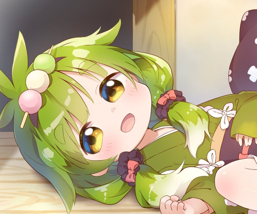 1girl :d antenna_hair black_hairband black_scrunchie bow clenched_hand commentary_request dango food food_on_head green_hair green_kimono hair_bow hair_flaps hair_ornament hair_scrunchie hairband hand_on_own_stomach highres indoors japanese_clothes kimono knee_up long_sleeves looking_at_viewer low_twintails lying medium_hair multicolored_hair nipeira obi object_on_head on_back open_mouth original raised_eyebrows red_bow sanshoku_dango sash scrunchie smile solo swept_bangs tareme thick_eyebrows twintails two-tone_hair wagashi white_hair wide_sleeves yellow_eyes