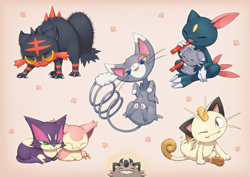 :3 animal_focus baby_animal blue_eyes cat cat_day ciao_churu colored_sclera espurr fangs galarian_form galarian_meowth gen_1_pokemon gen_2_pokemon gen_3_pokemon gen_4_pokemon gen_5_pokemon gen_6_pokemon gen_7_pokemon gen_8_pokemon glameow green_eyes grin highres kemonomichi_(blue_black) kitten litten meowth nintendo no_humans one_eye_closed paw_print pet_food pokemon pokemon_(creature) puffing_up purrloin scratching sharp_teeth skitty smile sneasel teeth yellow_sclera