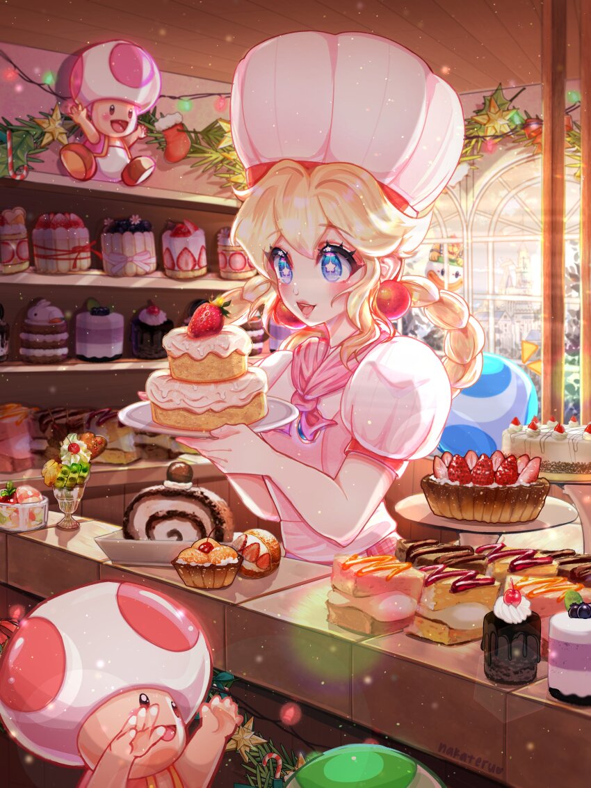 1girl absurdres blonde_hair blue_eyes blue_toad_(mario) blush braid cake cake_slice chef_hat christmas_lights christmas_ornaments dress earrings food fruit green_toad_(mario) hair_between_eyes hat highres holding holding_plate indoors jewelry long_hair mario_(series) mushroom_bread neckerchief nintendo official_alternate_costume open_mouth pastry patissiere_peach pink_dress pink_neckerchief plate princess_peach princess_peach:_showtime! puffy_short_sleeves puffy_sleeves red_toad_(mario) short_sleeves sidelocks sphere_earrings star-shaped_pupils star_(symbol) strawberry symbol-shaped_pupils toad_(mario) white_headwear