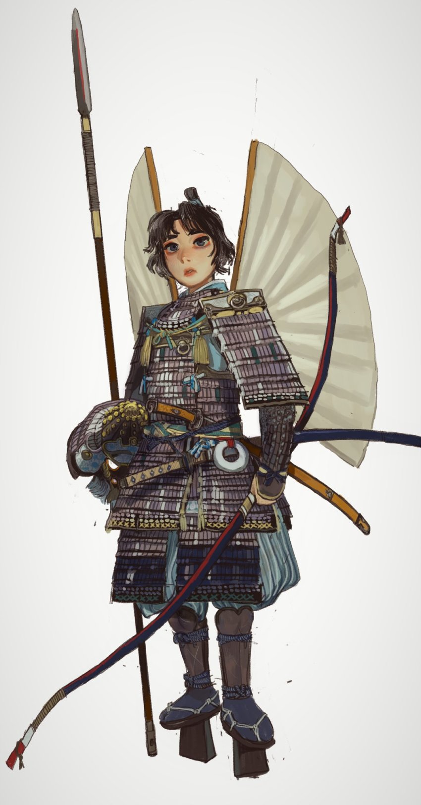 1girl armor blue_eyes blue_pants bow bow_(weapon) brown_hair folded_ponytail geta hakama hakama_pants helmet highres holding holding_bow_(weapon) holding_polearm holding_weapon japanese_armor japanese_clothes kusazuri looking_at_viewer mossacannibalis original pants pants_tucked_in parted_lips polearm scabbard sheath shoulder_armor simple_background sode solo spear standing tassel tengu-geta unworn_headwear unworn_helmet weapon white_background yari