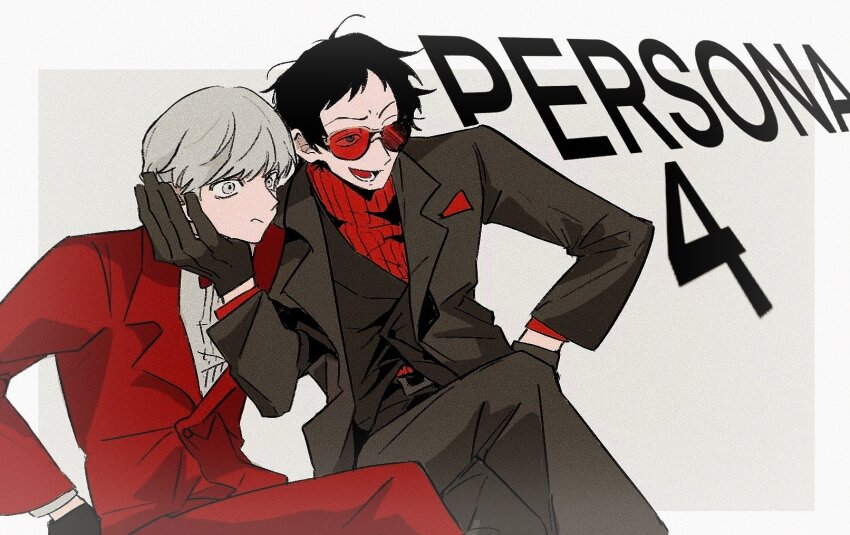 2boys adachi_tooru alternate_costume black_gloves black_hair black_suit black_vest copyright_name crossed_legs formal_clothes formal_clothes glasses gloves grey_eyes grey_hair hamusitas hand_on_another&#039;s_chin hand_on_own_hip highres jacket long_sleeves male_focus multiple_boys narukami_yu opaque_glasses open_mouth partially_opaque_glasses persona persona_4 pocket_square red-tinted_eyewear red_suit red_sweater shirt short_hair simple_background smile suit sweater tinted_eyewear turtleneck turtleneck_sweater vest white_shirt