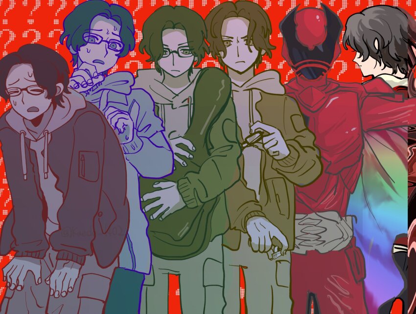 2025 20s adk-em armor bandai bandai_namco buckle claws closed_eyes closed_mouth glasses highres holding holding_removed_eyewear hood hoodie jewelry kaede_1402 king kuwagata_ohger kuwagata_ohger_(universe_warrior) male_focus no.1_sentai_gozyuger ohsama_sentai_king-ohger open_mouth ? rainbow ring sentairing sentairing:_king-ohger stag_beetle super_sentai sweat toei_company tokusatsu tsumegabuckle tsutsumi_natsume tv_asahi universe_warrior unworn_eyewear