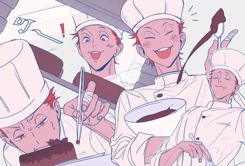 ! 1boy bandaged_fingers bandages blush_stickers bowl buttons cake chef chef_hat chewing chinese_commentary chocolate closed_eyes closed_mouth coat collared_coat commentary_request concentrating dot_nose flat_top_chef_hat food haikyuu!! hat highres holding holding_bowl holding_spatula holding_tweezers holding_utensil male_focus miyaii17 multiple_views nervous_sweating open_mouth oven red_eyes red_hair short_hair sleeves_rolled_up spatula sweat teeth tendou_satori tweezers upper_teeth_only utensil white_background white_coat