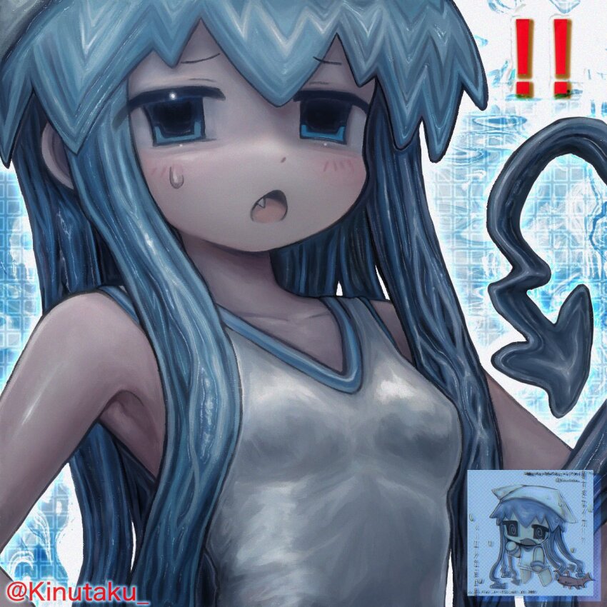 ! !! 1girl blue_eyes blue_hair blush breasts collarbone fang highres ikamusume kinutaku long_hair looking_at_viewer shinryaku!_ikamusume small_breasts solo sweatdrop tentacle_hair twitter_username upper_body