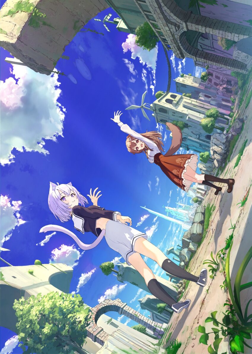 2girls :d animal_collar animal_ear_fluff animal_ears black_socks bone_hair_ornament brown_eyes brown_hair brown_shoes cat_ears cat_girl cat_tail collar dog_ears dog_girl dog_tail hair_ornament highres hololive inugami_korone long_hair looking_at_viewer multiple_girls nekomata_okayu nokisaki_nibosi open_mouth outdoors purple_eyes purple_hair ruins shirt shoes short_hair shorts skirt smile socks tail tree virtual_youtuber waving white_shirt white_shorts