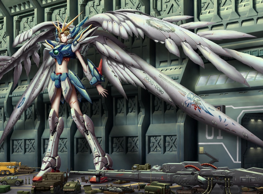 1990s_(style) 1girl against_wall armor armored_boots belly blonde_hair boots brown_hair bull cable cannon closed_eyes container crane_(machine) directed-energy_weapon energy_cannon energy_gun energy_weapon full_body gatling_gun giant giantess gun gundam gundam_wing:_endless_waltz hangar jihadangel knee_boots machine_gun mecha_musume mechanical_wings midriff military military_truck military_vehicle motor_vehicle navel parted_bangs people retro_artstyle rifle shoulder_pads solo_focus standing tank tattoo tiara truck turret twin_buster_rifle uniform weapon wince wing_gundam_zero_custom wings wire