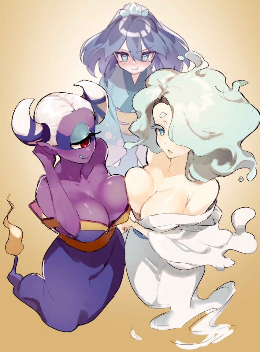 3girls aqua_eyes aqua_hair asymmetrical_docking bare_shoulders blue_hair blush breast_envy breast_press breasts cleavage colored_skin cyclops en&#039;enra enraenra_(youkai_watch) fire flame-tipped_tail fubukihime fuumin_(youkai_watch) hair_horns hair_over_one_eye high_ponytail highres japanese_clothes kimono kmnk_(kumanuko) large_breasts licking_lips long_hair multicolored_hair multiple_girls off_shoulder one-eyed pointy_ears ponytail purple_skin red_eyes tail tears tongue tongue_out traditional_youkai two-tone_hair white_hair youkai_(youkai_watch) youkai_watch yuki_onna