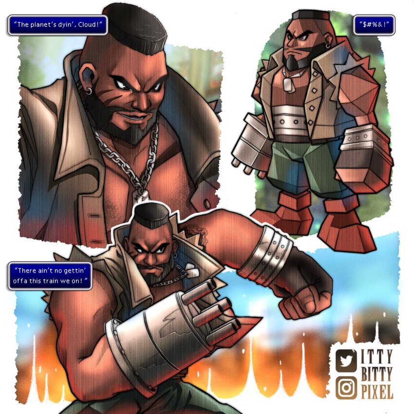 arm_cannon bare_pectorals barret_wallace beard black_hair brown_vest chibi dark-skinned_male dark_skin dog_tags earrings english_text facial_hair final_fantasy final_fantasy_vii fingerless_gloves gatling_gun gloves green_pants highres ittybittypixel jewelry large_pectorals low_poly multiple_views muscular muscular_male pants pectorals prosthetic_weapon short_hair shoulder_tattoo sleeveless smile speech_bubble tattoo torn_clothes torn_sleeves very_short_hair vest weapon
