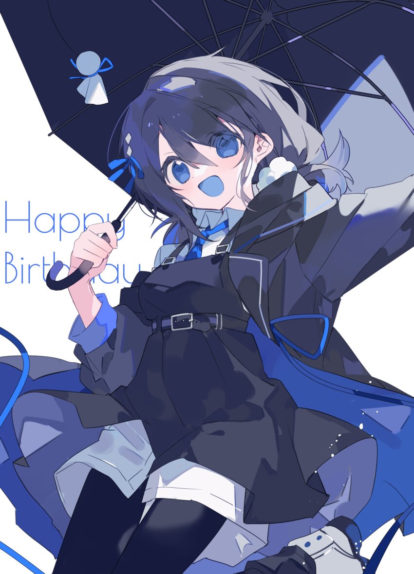 1girl :d absurdres asphyxia17 belt black_coat black_dress black_hair black_pantyhose blue_eyes blue_necktie blue_ribbon blue_tongue coat collared_shirt colored_tongue cowboy_shot dress hair_between_eyes hair_ribbon highres holding holding_umbrella hood hood_down hooded_coat jacket jumping long_sleeves looking_at_viewer necktie open_clothes open_jacket open_mouth original pantyhose pinafore_dress ribbon shirt short_twintails shorts simple_background sleeveless sleeveless_dress smile solo teruterubouzu twintails umbrella white_background white_shirt white_shorts