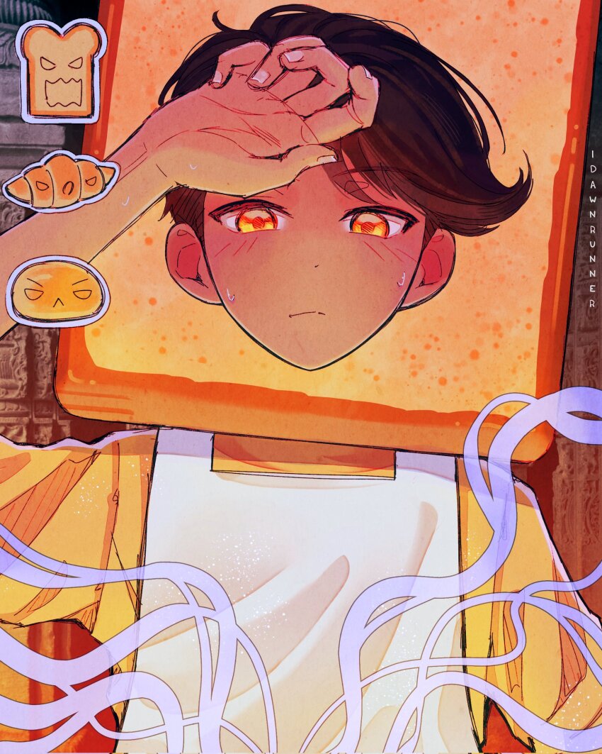 1boy apron arm_up biscuit_(omori) black_hair blush bread dark-skinned_male dark_skin food highres idawnrunner omori orange_eyes sesame_(omori) shirt short_hair slice_(omori) sourdough_(omori) sweat white_apron yellow_shirt