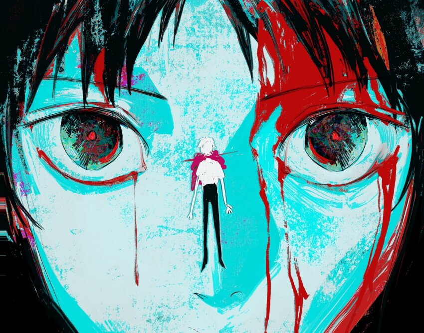 2boys black_background black_eyes black_hair black_pants blood blood_on_face character_background death highres ikari_shinji male_focus multicolored_eyes multiple_boys nagisa_kaworu neon_genesis_evangelion pants red_eyes red_pupils saturated shirt short_hair white_hair white_shirt yexuan825