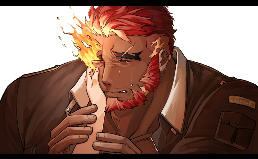 1boy bara beard comforting crying dark-skinned_male dark_skin eyebrow_cut facial_hair flaming_eye hand_on_another&#039;s_cheek hand_on_another&#039;s_face hephaestus_(housamo) highres itaru_(kidomh63) male_focus muscular muscular_male short_hair solo_focus thick_beard thick_eyebrows tokyo_houkago_summoners upper_body