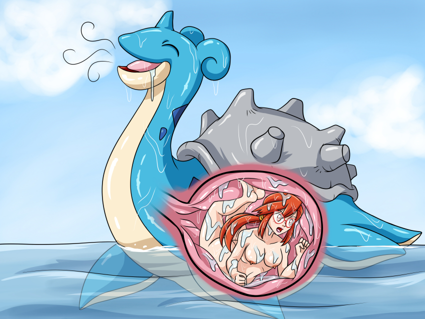 1girl absurdres acid bad_end barefoot betrayal breasts bulge cross-section digesting_girl digestion drooling feet game_freak gen_1_pokemon glasses helpless highres imminent_death krlitosss lapras lorelei_(pokemon) nintendo nipples nude ocean peril pokemon pokemon_(creature) pokemon_frlg ponytail stomach stomach_bulge vore water x-ray