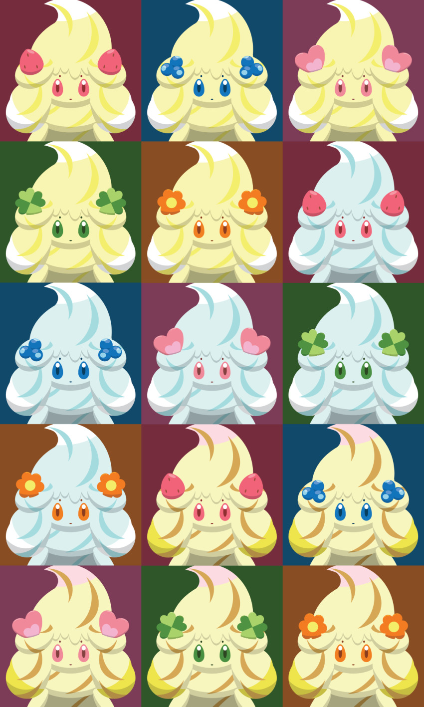 alcremie alcremie_(berry_sweet) alcremie_(clover_sweet) alcremie_(flower_sweet) alcremie_(lemon_cream) alcremie_(love_sweet) alcremie_(mint_cream) alcremie_(rainbow_swirl) alcremie_(strawberry_sweet) blue_eyes creature expressionless flower food fruit gen_8_pokemon green_eyes heart highres looking_at_viewer multicolored_background nintendo no_humans orange_eyes pink_eyes pokemon pokemon_(creature) shawn_flowers strawberry