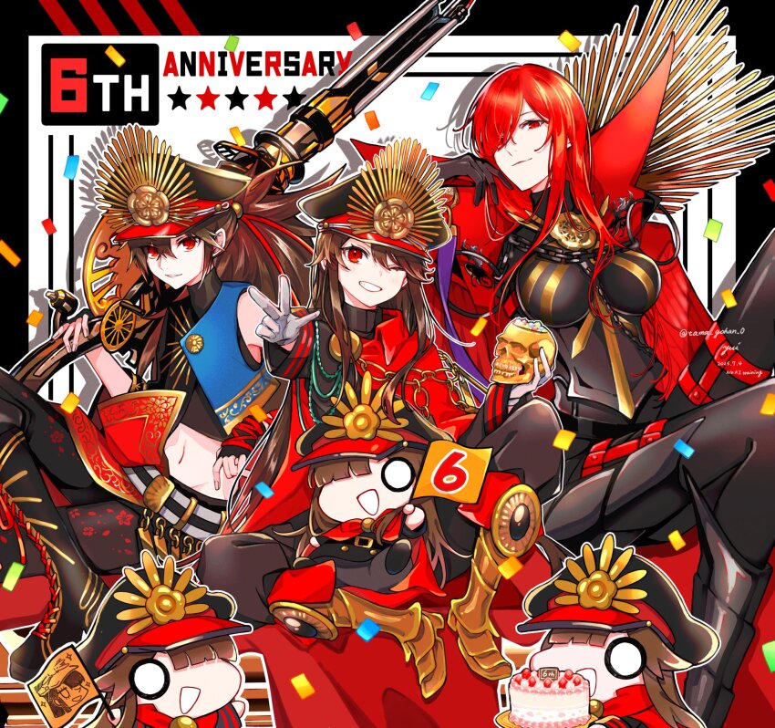 anniversary bare_shoulders black_hair breasts brown_hair cape crest family_crest fate/grand_order fate_(series) gun hat highres large_breasts long_hair looking_at_viewer military_hat mini_nobu_(fate) musket oda_kippoushi_(fate) oda_nobunaga_(fate) oda_nobunaga_(koha-ace) oda_nobunaga_(maou_avenger)_(fate) oda_uri one_eye_closed peaked_cap pointing pointing_at_viewer red_cape red_eyes red_hair skull smile thighs very_long_hair weapon yui_(tamagohan)