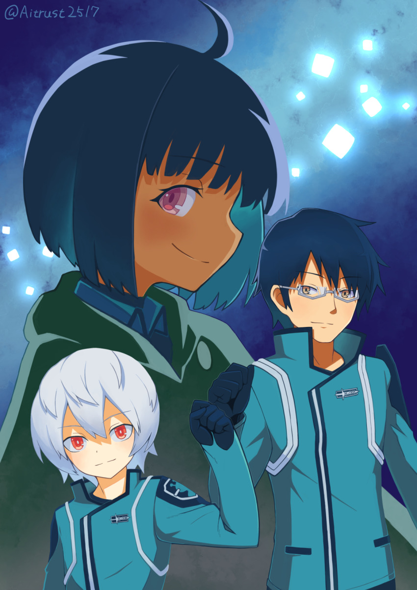 1girl 2boys ahoge amatori_chika black_gloves black_hair blue_background blue_jacket closed_mouth eyelashes glasses gloves hair_between_eyes hibun_tsukasa highres jacket kuga_yuuma mikumo_osamu multiple_boys pink_eyes red_eyes short_hair smile twitter_username white_hair world_trigger