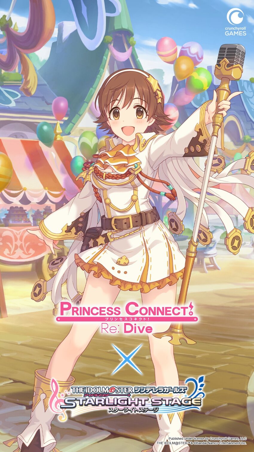 1girl belt boots breasts brown_eyes brown_hair commentary crossover dress english_commentary english_text hairband highres holding holding_staff honda_mio idolmaster idolmaster_cinderella_girls microphone official_art open_mouth princess_connect! skirt staff standing star_(symbol) tongue white_dress