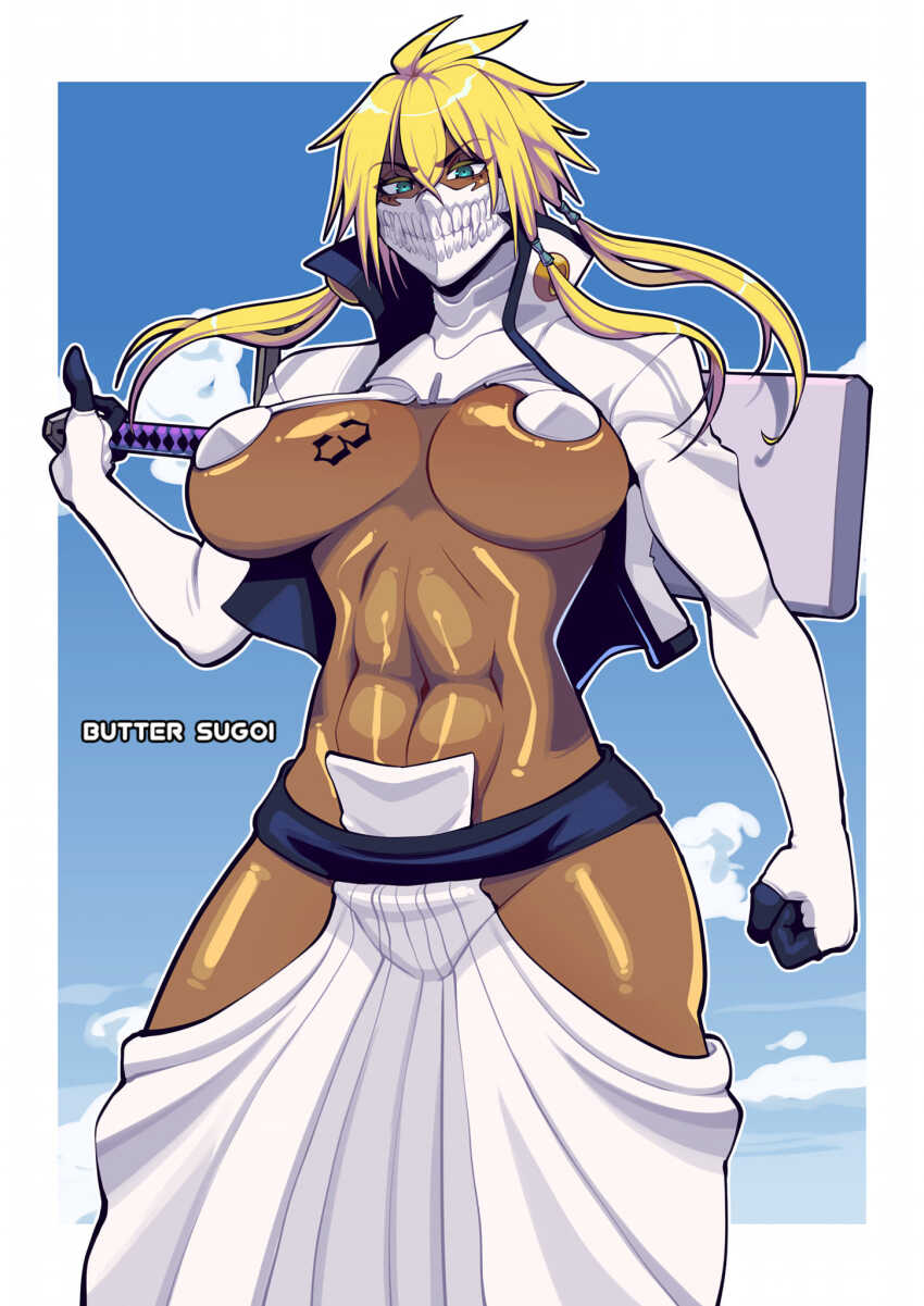1girl abs aqua_eyes artist_name bleach blonde_hair breast_tattoo breasts breasts_apart butter_sugoi clenched_hand cloud commentary cowboy_shot dark-skinned_female dark_skin espada hammer highres holding holding_hammer mask mouth_mask number_tattoo quad_tails revealing_clothes sagging_breasts shiny_skin shrug_(clothing) skirt solo tattoo tier_harribel underboob white_shrug white_skirt