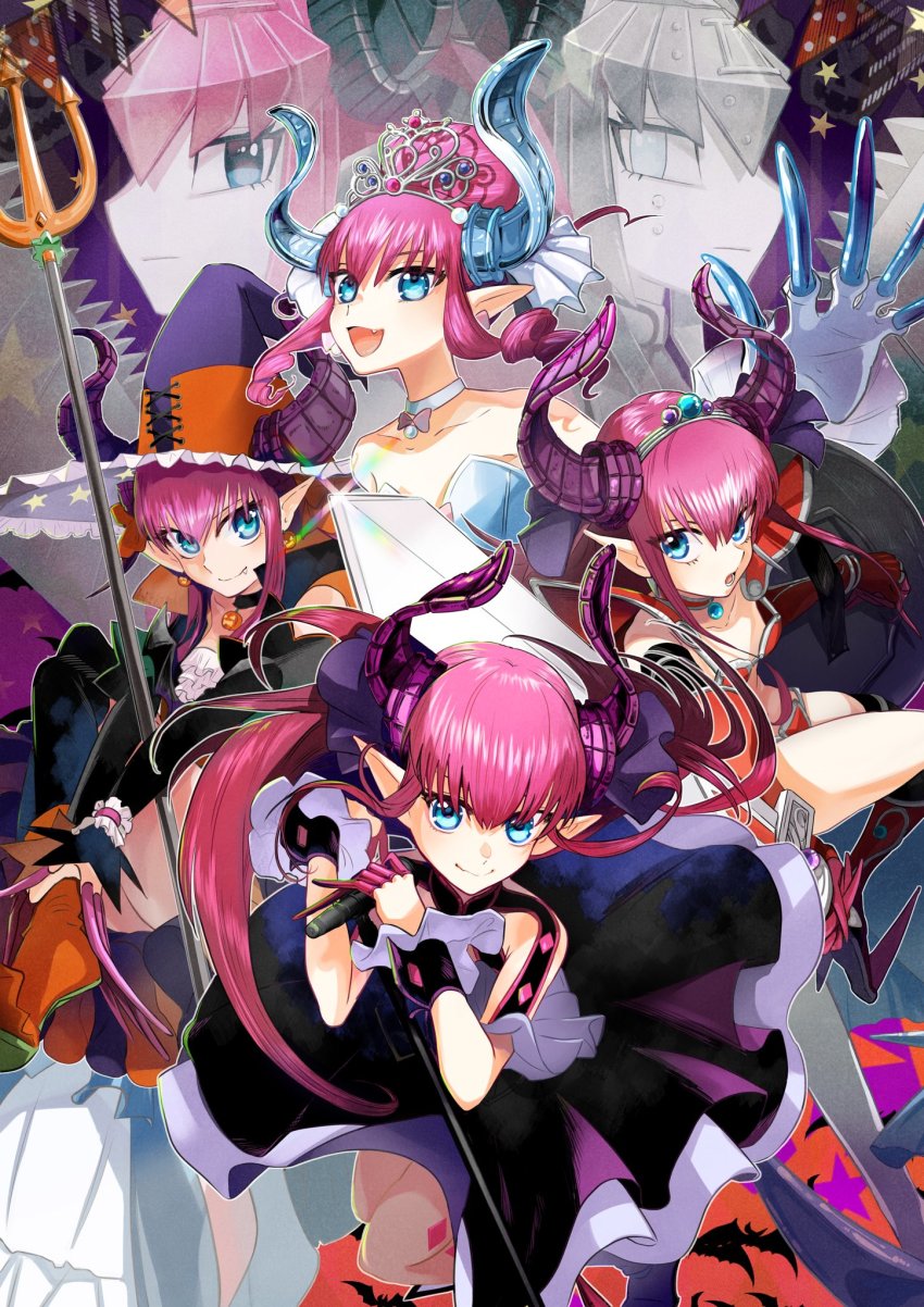 armor blue_eyes dragon_horns dress elizabeth_bathory_(brave)_(fate) elizabeth_bathory_(cinderella)_(fate) elizabeth_bathory_(fate) elizabeth_bathory_(fate/extra) elizabeth_bathory_(halloween_caster)_(fate) fang fate/grand_order fate_(series) hair_bun hat highres horns iris_(tb33064667) mecha_eli-chan_(fate) mecha_eli-chan_mk.ii_(fate) microphone pauldrons pink_hair pointy_ears shield shoulder_armor single_hair_bun smile tiara witch_hat