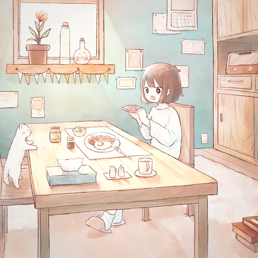 1girl absurdres animal bacon black_eyes book book_stack bread bread_slice brown_hair bunting calendar_(object) casual cat commentary corked_bottle cupboard dining_room drawer eating egg_(food) electrical_outlet flower flower_pot food fork fried_egg from_side glass_bottle highres holding holding_food indoors jam jar long_sleeves looking_at_food loose_socks microwave mokunoki morning on_chair open_mouth original paper pink_slippers plant plate potted_plant red_flower scenery shirt short_hair signature slice_of_life slippers socks standing sunlight sword t-shirt table tablecloth tissue tissue_box weapon white_cat white_shirt white_socks window wooden_sword