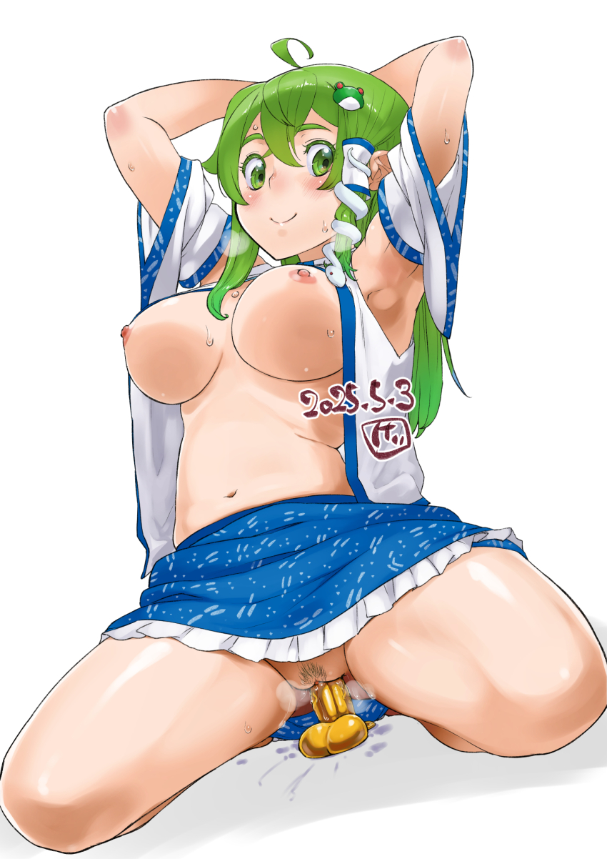 1girl ahoge armpits arms_behind_head arms_up blue_skirt blush breasts closed_mouth collared_shirt colored_pubic_hair commentary_request dated detached_sleeves dildo female_pubic_hair frilled_skirt frills frog_hair_ornament full_body green_eyes green_hair green_pubic_hair hair_ornament hair_tubes highres kei_jiei kochiya_sanae large_breasts long_hair looking_at_viewer navel nipples no_bra no_panties object_insertion pubic_hair pussy sex_toy shirt sidelocks simple_background single_hair_tube skirt sleeveless sleeveless_shirt smile snake_hair_ornament solo squatting touhou uncensored vaginal vaginal_object_insertion white_background white_shirt white_sleeves