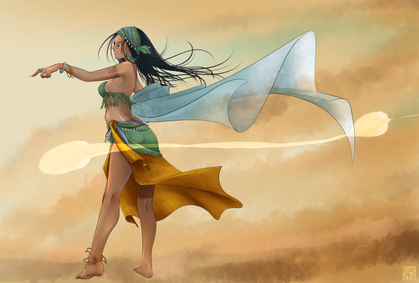 1girl absurdres anklet arabian_clothes arm_tattoo bare_shoulders barefoot black_hair breasts brown_background feet fingernails gradient_background gypsy gypsy_(ragnarok_online) highres jewelry long_hair looking_to_the_side medium_breasts original sandstorm sharp_fingernails solo tan tassel tattoo very_long_fingernails yellow_background