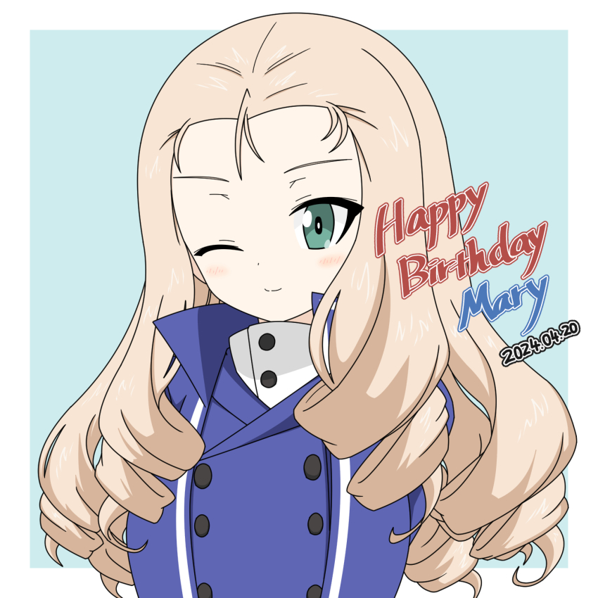 1girl ;) arms_behind_back bc_freedom_military_uniform birthday blonde_hair blue_background blue_jacket blue_vest character_name closed_mouth dated dress_shirt drill_hair girls_und_panzer green_eyes happy_birthday high_collar highres ichinose_jun jacket long_hair long_sleeves looking_at_viewer marie_(girls_und_panzer) military_uniform one_eye_closed shirt smile solo vest white_shirt