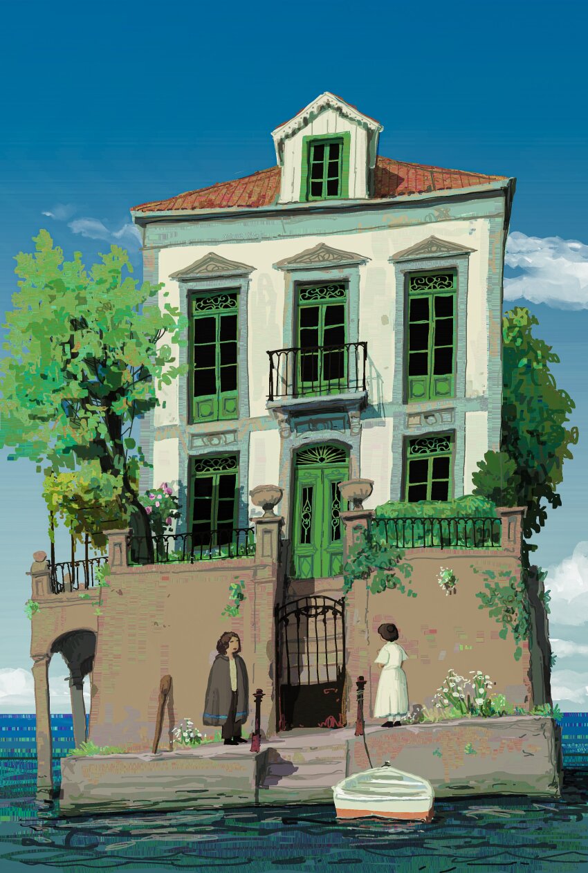 1girl absurdres alariko arch balcony building cloud dress highres house island ocean original plant platform rowboat scenery stairs tree vines watercraft white_dress window