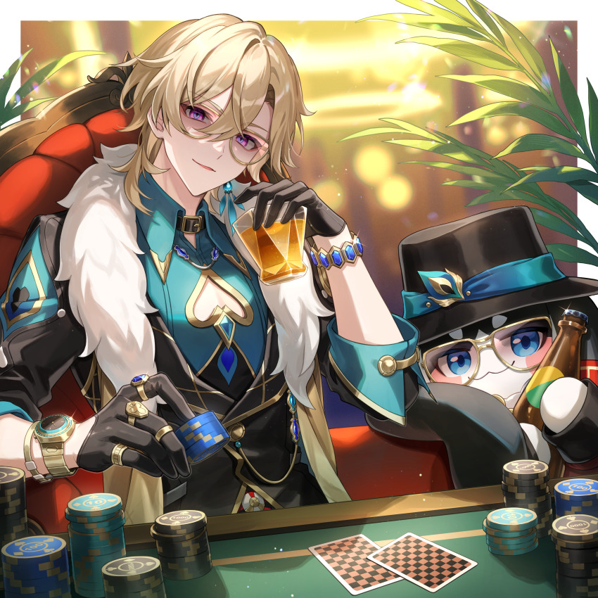 1boy absurdres amaichi_esora aqua_shirt aventurine_(honkai:_star_rail) black_gloves black_hat blonde_hair bottle bracelet card closed_mouth clothing_cutout collared_shirt commentary_request drink earrings fur_trim glasses gloves hair_between_eyes hat highres honkai:_star_rail honkai_(series) jewelry looking_at_viewer male_focus pectoral_cleavage pectorals playing_card poker_chip poker_table pom-pom_(honkai:_star_rail) shirt sitting soulglad table watch wristwatch