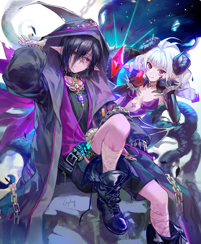 1boy 1girl absurdres antenna_hair apple arm_up bandaged_hand bandaged_leg bandages belt belt_pouch black_boots black_coat black_gloves black_hair blood bloody_bandages blue_horns boots bracelet chain choker coat crystal csyday demon_girl demon_horns demon_wings dimension_walker_(dungeon_and_fighter) dungeon_and_fighter eating elbow_gloves food fruit gloves green_choker grey_hair hair_between_eyes head_rest highres holding holding_food holding_fruit hood hood_up hooded_coat horns jewelry long_hair looking_at_viewer low_wings male_mage_(dungeon_and_fighter) nyarly_the_forbidden open_clothes open_coat open_mouth parted_lips pointy_ears pouch rock signature sitting spiked_bracelet spikes teeth tentacles thigh_strap tongue torn twintails vial wings