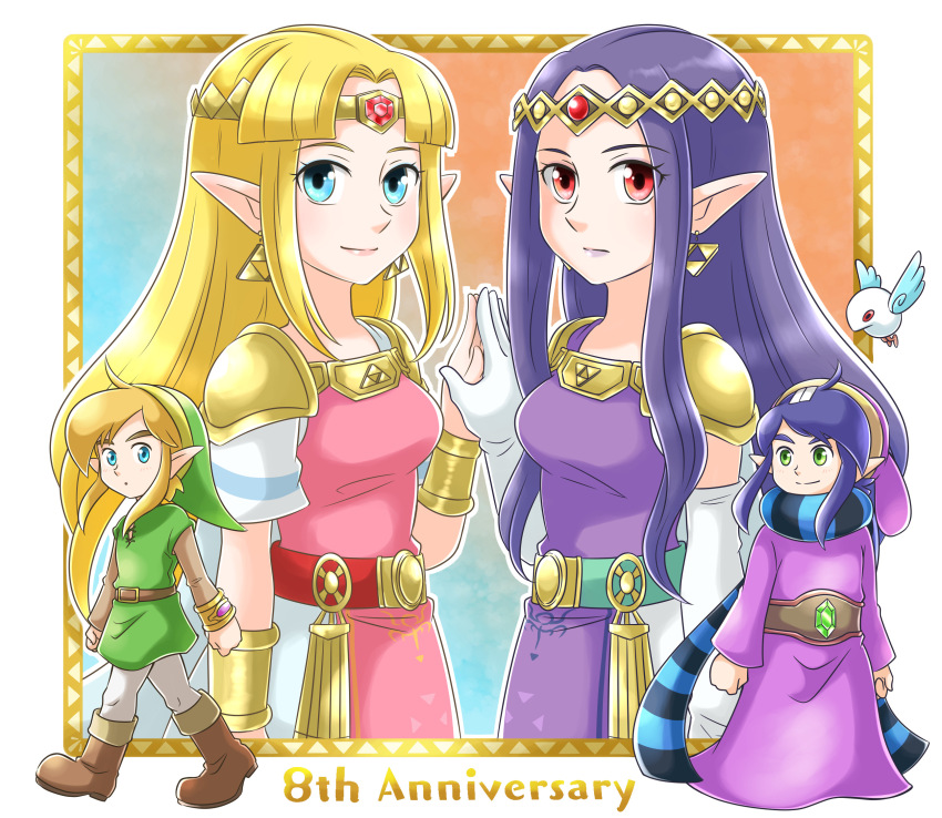 2boys 2girls anniversary aogaeru_(pixiv46613656) armor belt bird blonde_hair blue_belt blue_eyes boots bracelet brown_belt brown_boots circlet commentary commentary_request dress earrings elbow_gloves gloves gold_bracelet green_belt green_eyes green_hat green_tunic hat highres jewelry link long_hair looking_at_viewer multiple_boys multiple_girls nintendo pointy_ears princess_hilda princess_zelda purple_dress purple_hair purple_hat purple_tunic ravio red_belt red_eyes scarf sheerow shoulder_armor shoulder_pads smile striped_clothes striped_scarf the_legend_of_zelda the_legend_of_zelda:_a_link_between_worlds tiara tunic white_gloves
