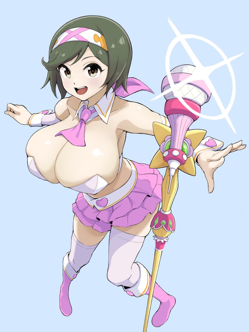 1girl absurdres blue_background breasts brown_eyes brown_hair cleavage cuff_links detached_collar frills hairband highres huge_breasts idol idol_clothes ikigai layered_skirt looking_at_viewer mai_(senran_kagura) microphone microphone_stand midriff necktie open_mouth pink_skirt senran_kagura shiny_skin simple_background skindentation skirt smile thighhighs