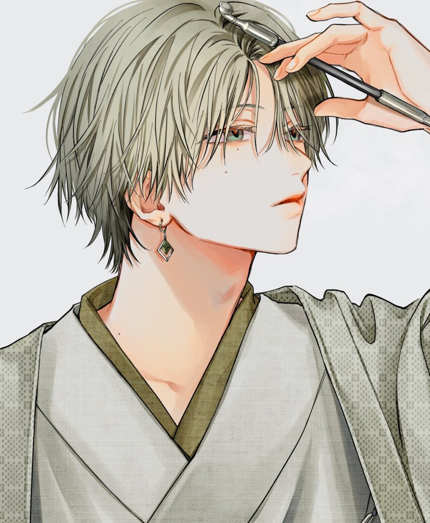 1boy collarbone earrings en_(e898n) eyes_visible_through_hair green_eyes grey_hair hair_over_eyes highres holding holding_smoking_pipe japanese_clothes jewelry kimono kiseru looking_to_the_side male_focus mole mole_under_eye nose original parted_lips portrait simple_background slit_pupils smoking_pipe solo white_background white_kimono