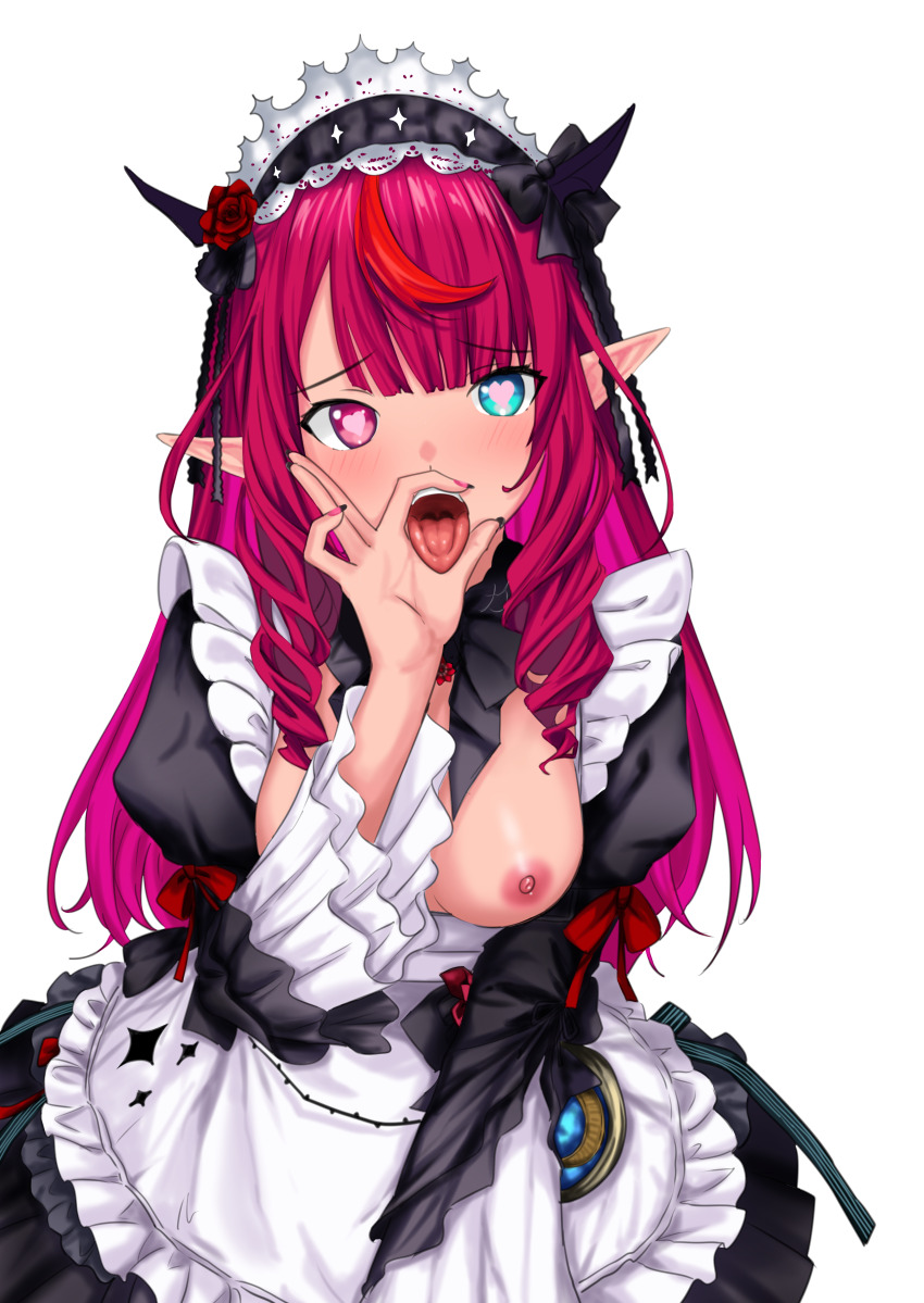 1girl absurdres blue_eyes blunt_bangs blush breasts breasts_out chest_bow dress drill_hair fellatio_gesture frills heart heart-shaped_pupils heterochromia highres hololive hololive_english horns irys_(hololive) irys_(maid)_(hololive) lace-trimmed_collar lace_trim long_hair long_sleeves looking_at_viewer maid medium_breasts multicolored_hair nipples official_alternate_costume official_alternate_hairstyle open_mouth pernethopia pointy_ears puffy_sleeves purple_eyes red_hair sexually_suggestive solo streaked_hair symbol-shaped_pupils tongue tongue_out virtual_youtuber