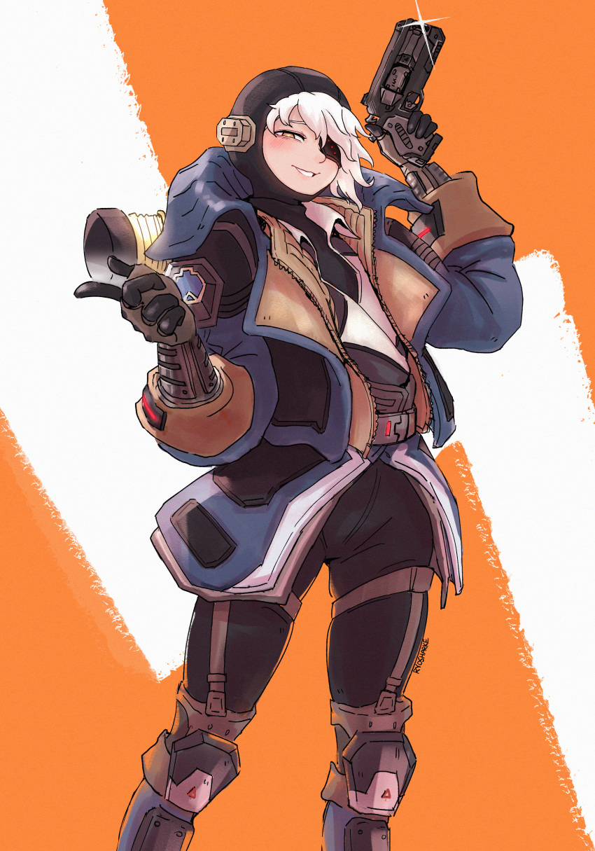 1girl absurdres animification apex_legends b3_wingman black_headwear black_pants blue_jacket blush brown_eyes brown_gloves deep_current_wattson eyepatch gloves gun half-closed_eye handgun highres holding holding_gun holding_weapon jacket official_alternate_costume one_eye_covered pants parted_lips pointing revolver ryosharke smile solo wattson_(apex_legends) weapon white_hair