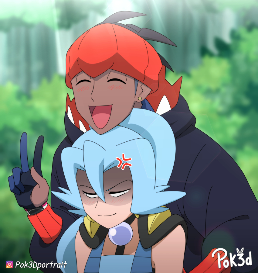 1boy 1girl absurdres anger_vein black_hair blank_eyes blue_bodysuit blue_hair blurry blurry_background bodysuit choker clair_(pokemon) closed_eyes commission dark-skinned_male dark_skin dynamax_band earrings highres hood hoodie instagram_logo jewelry light_blush nintendo pok3d pokemon pokemon_hgss pokemon_swsh ponytail raihan_(pokemon) shaded_face solo trait_connection upper_body v