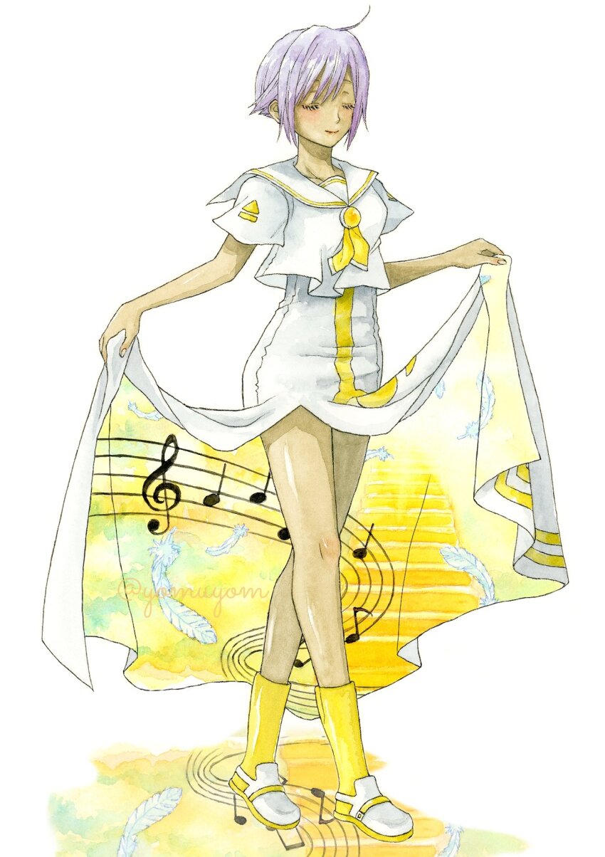 1girl aria_(manga) athena_glory bare_legs boots closed_eyes closed_mouth dark-skinned_female dark_skin dress falling_feathers feathers full_body heel_up highres legs miyano_(yomuyom) musical_note neckerchief orange_planet_uniform purple_hair sailor_collar short_hair side_slit sidelocks skirt_hold solo twitter_username white_background white_dress yellow_boots yellow_neckerchief