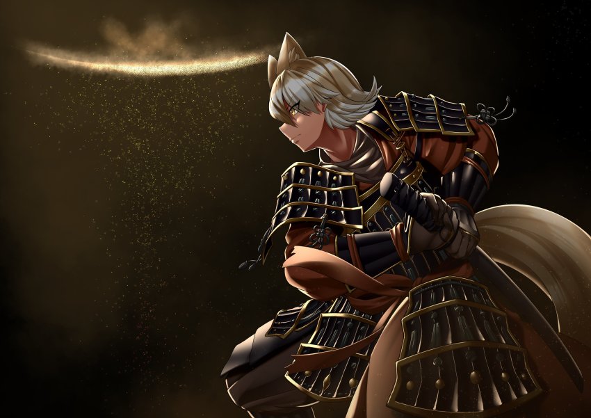 1girl absurdres animal_ear_fluff animal_ears armor blonde_hair closed_mouth coyote coyote_(kemono_friends) wolf_ears wolf_tail elden_ring highres japanese_armor katana kawanami_eito kemono_friends kemono_friends_v_project multicolored_hair parody samurai short_hair solo sword tail virtual_youtuber weapon yellow_eyes