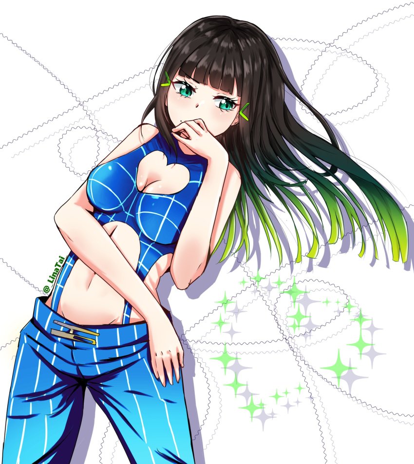 1girl cleavage_cutout clothing_cutout cosplay cowboy_shot female_focus green_eyes hand_on_own_face highres jojo_no_kimyou_na_bouken kujo_jolyne_(cosplay) kurosawa_dia kuujou_jolyne linatai love_live! love_live!_sunshine!! multicolored_hair pants stone_ocean streaked_hair two-tone_hair