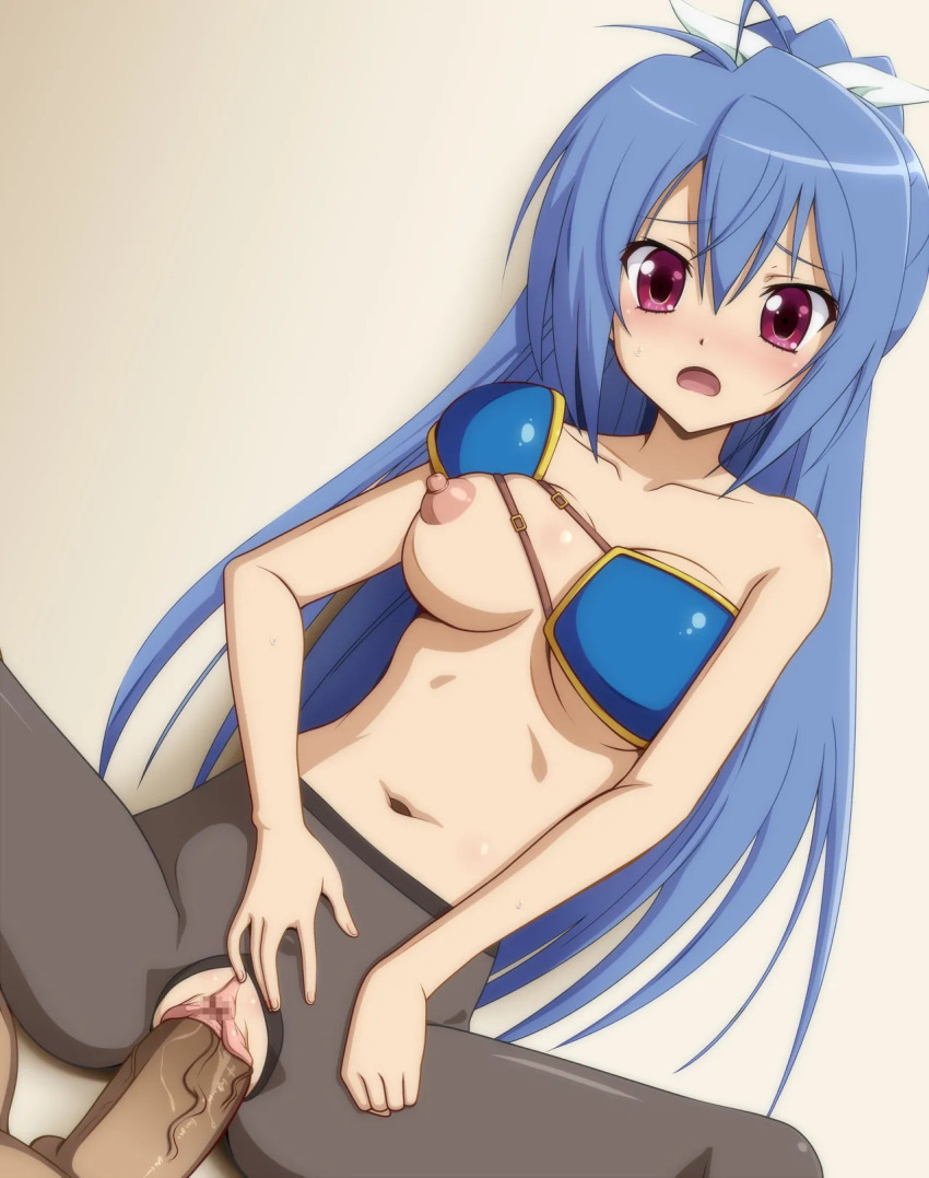 1boy 1girl blue_hair blush breasts censored circle_anco ellis_fahrengart highres long_hair nipples nude open_mouth pantyhose penis pussy seirei_tsukai_no_blade_dance sex vaginal