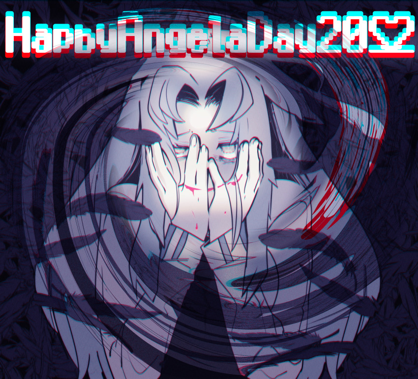 1girl 2022 absurdres angela_(project_moon) black_feathers blood blue_hair coat covering_own_mouth drawn_smile feathers hands_up highres lab_coat library_of_ruina lobotomy_corporation long_hair madotsuki_ren parted_bangs project_moon sidelocks solo very_long_hair white_coat yellow_eyes